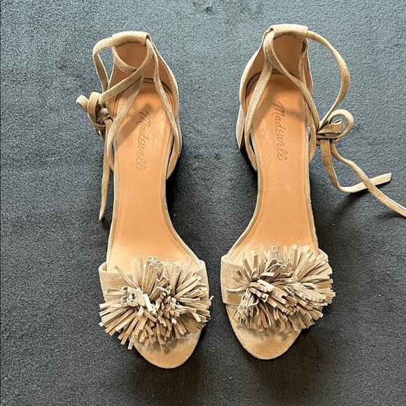 Madewell Lainy Suede Block Heel Sandal Size 8.5 Pom Pom Tie Ankle All Seasons - Picture 2 of 6